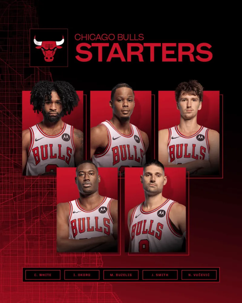 壹号娱乐-公牛首发：科比-怀特、奥科罗、布泽利斯、史密斯、武切维奇